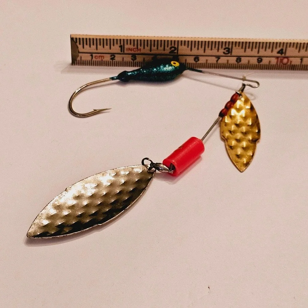 Vintage Dual Willow Blade Spinnerbait Lure Blue Glitter Hammered Gold Silver